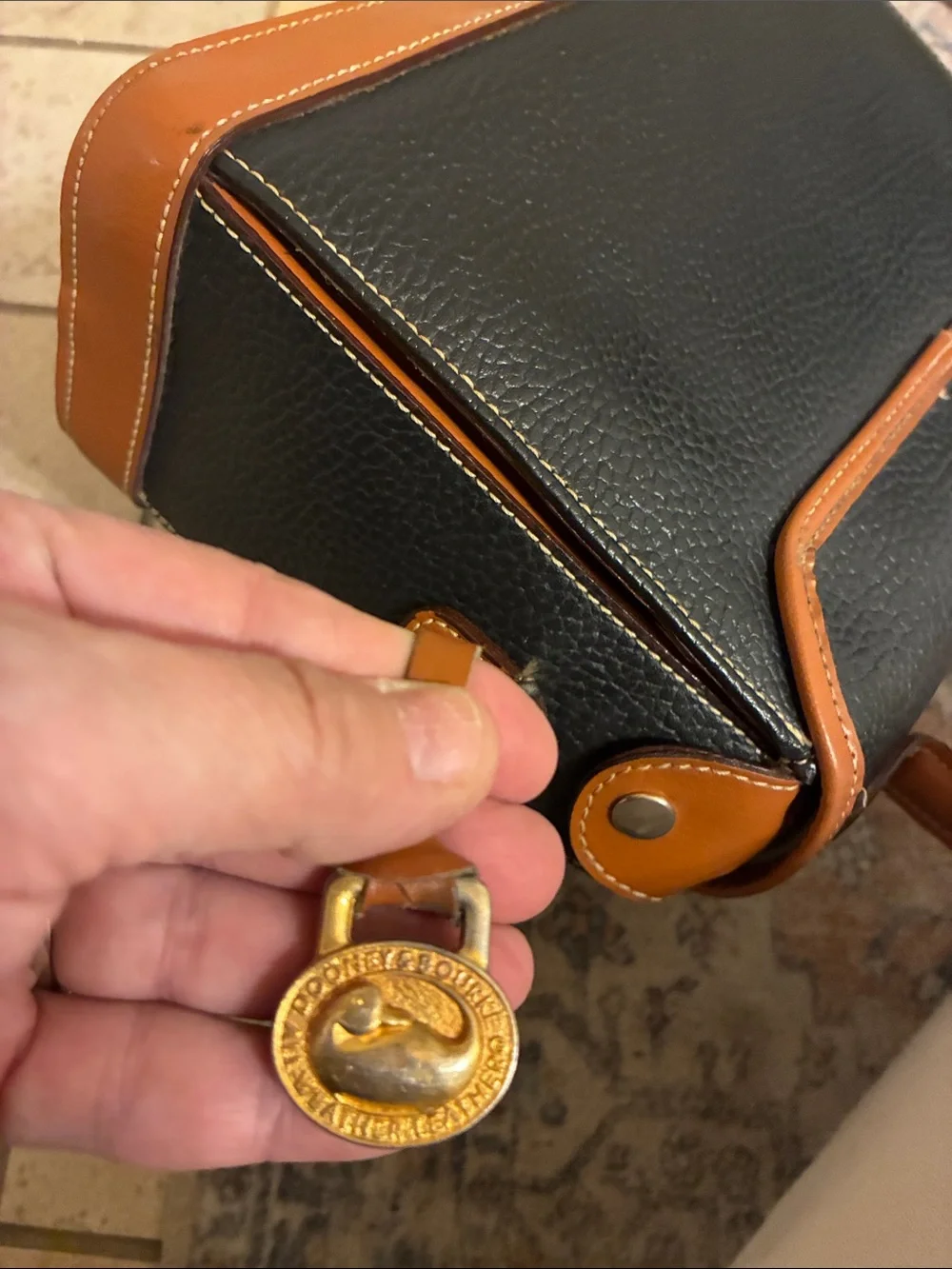 Dooney & Bourke Black Pebbled Leather Top-Handle Satchel‎ with Brown Trim